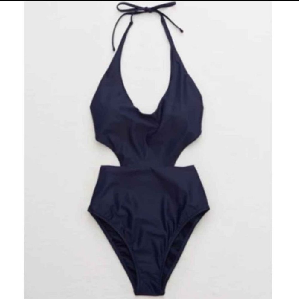 Aerie Navy Cut Out One Piece Swimsuit Large Long